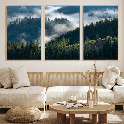 55972-MGV-FC-60X30-3P_Natural-Whispering Pines Wall Art – Panoramic Misty Forest Canvas Print, Serene Nature Decor for Home, Office or Cabin Retreat