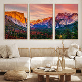24519-MGV-FC-60X30-3P_Natural-Yosemite Valley Sunset Wall Art – Majestic Mountain Landscape with Waterfall and Vibrant Sky, Nature Photography for Home or