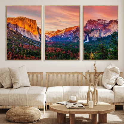 24519-MGV-FC-60X30-3P_Natural-Yosemite Valley Sunset Wall Art – Majestic Mountain Landscape with Waterfall and Vibrant Sky, Nature Photography for Home or