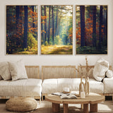 86249-MGV-FC-60X30-3P_Natural-Sunlit Autumn Forest Path Wall Art – Peaceful Nature Scene with Fall Foliage, Calming Woods Decor for Home or Office