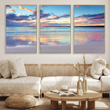 64882-MGV-FC-60X30-3P_Natural-Tranquil Sunset Beach Wall Art – Panoramic Ocean Reflection Canvas Print, Calm Coastal Decor for Bedroom, Living Room or Office
