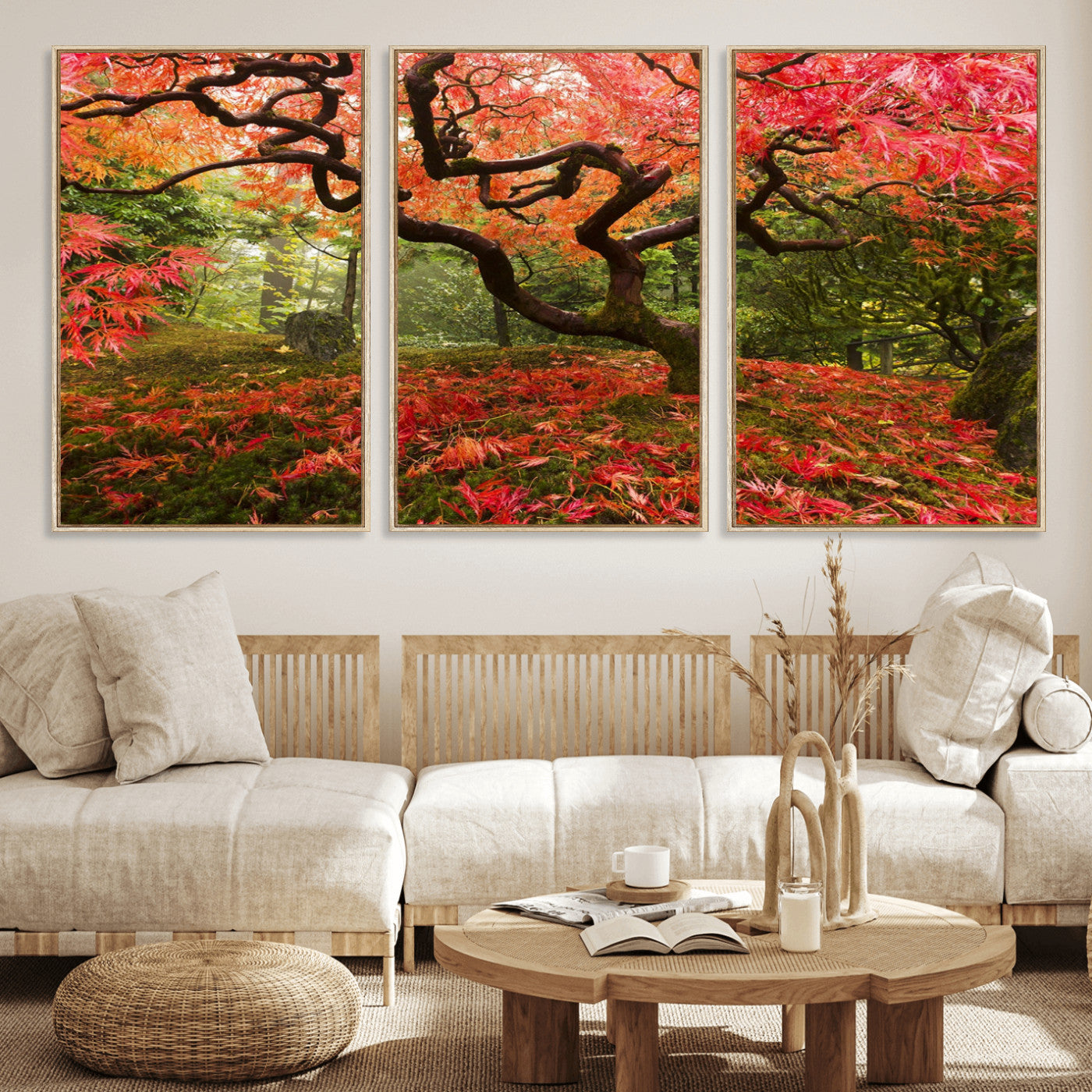73343-MGV-FC-60X30-3P_Natural-Autumn Maple Wall Art – Panoramic Vibrant Red Maple Tree Canvas Print, Seasonal Nature Decor for Office, Living Room or Garden