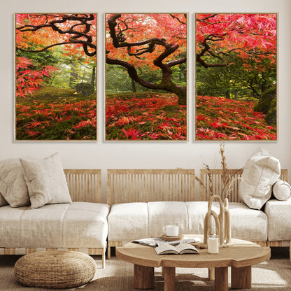 73343-MGV-FC-60X30-3P_Natural-Autumn Maple Wall Art – Panoramic Vibrant Red Maple Tree Canvas Print, Seasonal Nature Decor for Office, Living Room or Garden