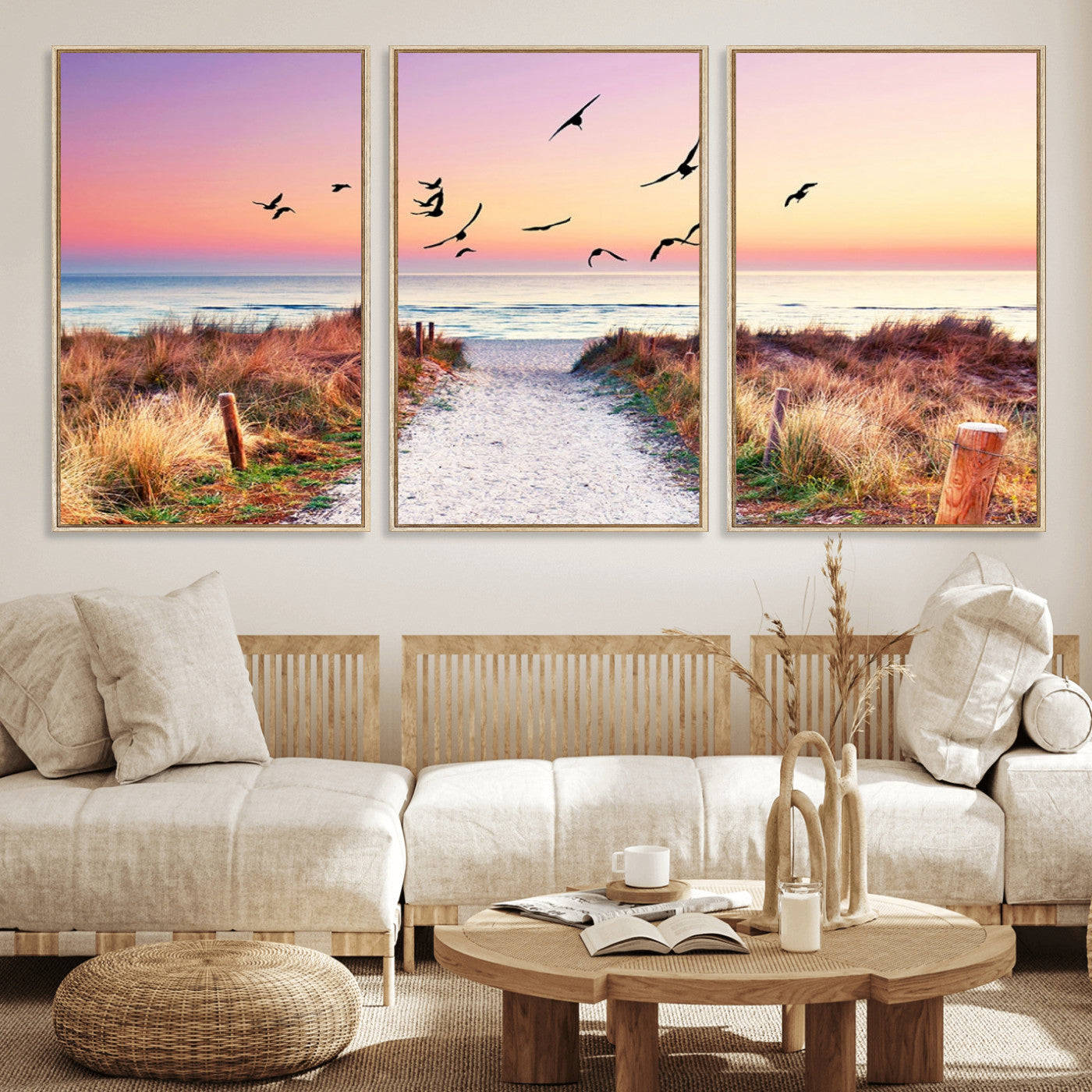 54411-MGV-FC-60X30-3P_Natural-Coastal Path Sunrise Wall Art – Serene Ocean Canvas Print, Beach Landscape Decor for Living Room, Bedroom or Office, Peaceful
