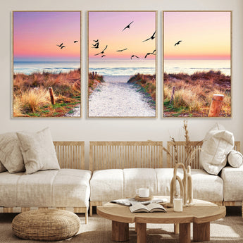 54411-MGV-CV-36X24-Beach Path with Birds Wall Art – Coastal Sunset Ocean Canvas Print, Seaside Nature Landscape Photography for Living Room, Bedroom