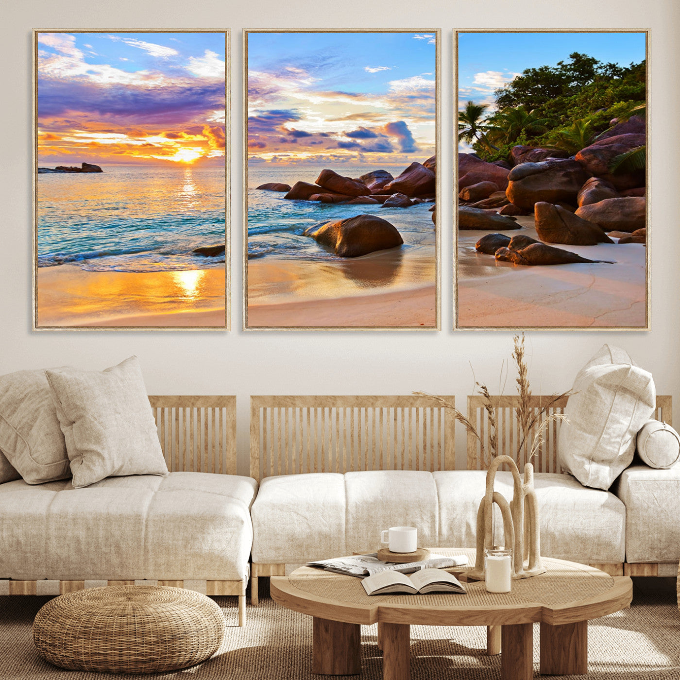 43209-MGV-CV-36X24-Tropical Beach Sunset Wall Art – Golden Ocean Waves and Palm Trees with Rocky Shore Canvas Print, Coastal Seascape Decor for