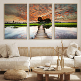 29105-MGV-FC-60X30-3P_Natural-Rustic Wooden Bridge Wall Art – Scenic Sunset Over Rice Fields and Reflective Water Canvas Print, Nature Landscape Decor for