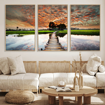 29105-MGV-FC-60X30-3P_Natural-Rustic Wooden Bridge Wall Art – Scenic Sunset Over Rice Fields and Reflective Water Canvas Print, Nature Landscape Decor for