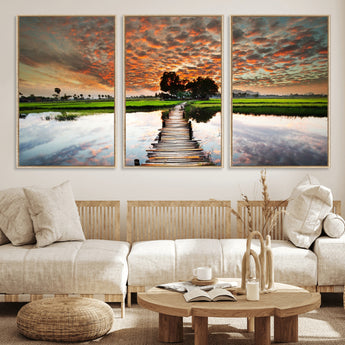 29105-MGV-CV-36X24-Rustic Wooden Bridge Wall Art – Scenic Sunset Over Rice Fields and Reflective Water Canvas Print, Nature Landscape Decor for