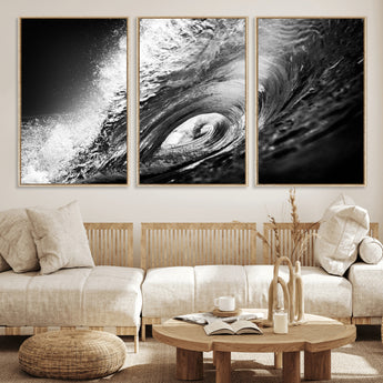 22702-MGV-CV-36X24-Black and White Ocean Wave Wall Art – Powerful Surf Curl Photography Canvas Print, Modern Coastal Decor for Living Room, Office or