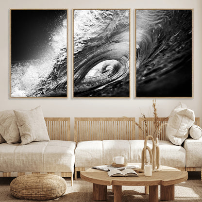 22702-MGV-CV-36X24-Black and White Ocean Wave Wall Art – Powerful Surf Curl Photography Canvas Print, Modern Coastal Decor for Living Room, Office or