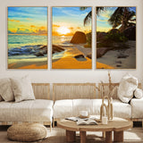 26181-MGV-CV-36X24-Golden Tropical Sunset Beach Wall Art – Ocean Canvas Print with Palm Trees and Rocks, Coastal Paradise Decor for Living Room or