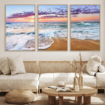 44120-MGV-FC-60X30-3P_Natural-Ocean Sunset Wall Art – Beach Landscape Canvas Print, Serene Coastal Decor for Living Room, Office or Bedroom