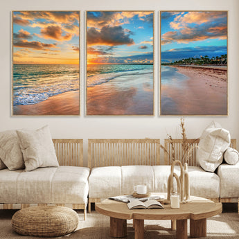 41572-MGV-CV-36X24-Sunset Beach Wall Art – Ocean Waves and Palm Trees Canvas Print, Tropical Coastal Sunset Seascape Decor for Living Room, Bedroom