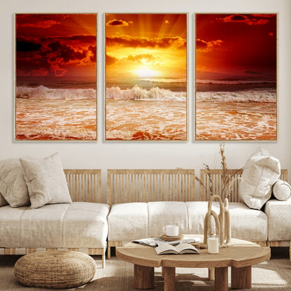 60211-MGV-CV-36X24-Fiery Sunset Ocean Wall Art – Red Sky Seascape Canvas Print with Waves, Bold Coastal Sunset Decor for Living Room or Bedroom