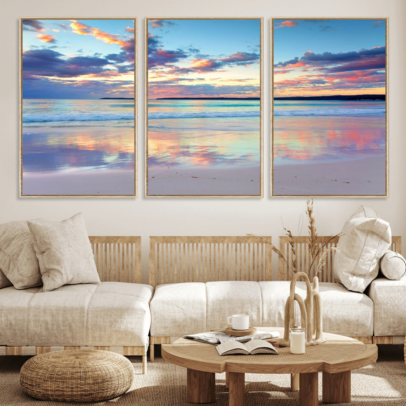 56723-MGV-CV-36X24-Serene Sunset Beach Wall Art – Panoramic Coastal Canvas Print, Peaceful Ocean Reflection Decor for Living Room, Bedroom or Office