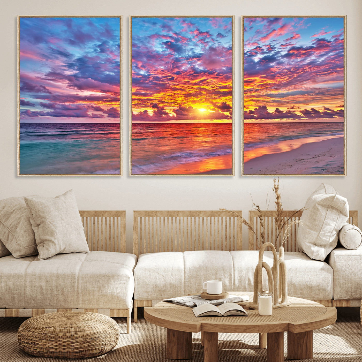 72836-MGV-CV-36X24-Fiery Sunset Beach Wall Art – Panoramic Vibrant Ocean Canvas Print, Dramatic Coastal Decor for Living Room, Bedroom or Office