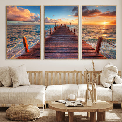 28836-MGV-CV-36X24-Ocean Pier Sunset Wall Art – Wooden Dock and Golden Horizon Canvas Print, Coastal Seascape Photography for Living Room, Bedroom,