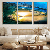 19378-MGV-CV-36X24-Ocean Wave Sunset Wall Art – Vibrant Surf and Golden Horizon Canvas Print, Coastal Seascape Photography for Living Room, Bedroom,