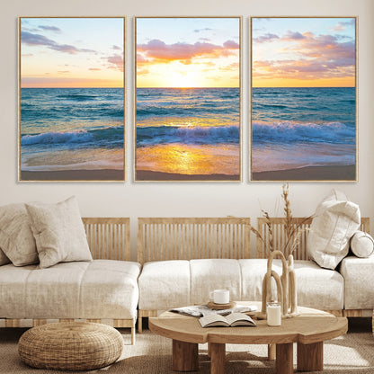 78006-MGV-CV-36X24-Golden Sunrise Ocean Wall Art – Panoramic Beach Waves Canvas Print, Coastal Seascape Artwork for Living Room, Bedroom, Office, or
