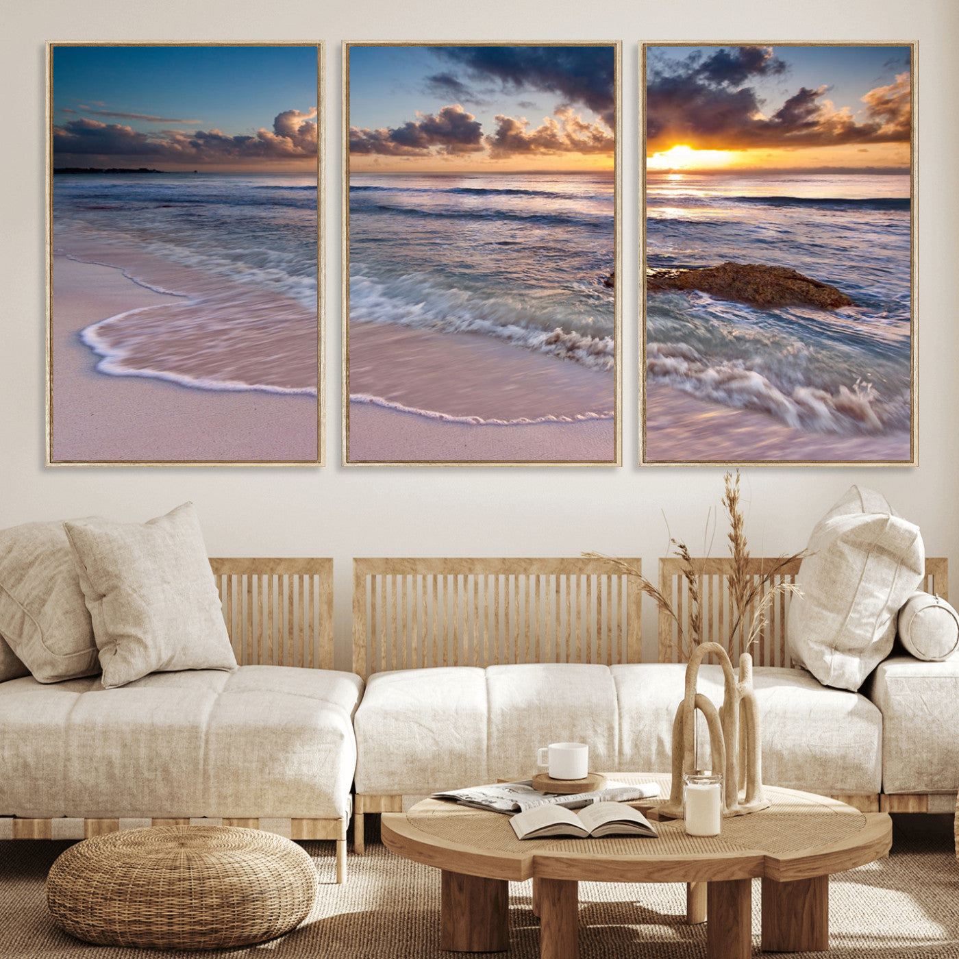 94906-MGV-CV-36X24-Sunrise Beach Wall Art – Panoramic Ocean Waves Canvas Print, Coastal Sunset Seascape Artwork for Living Room, Bedroom, or Office