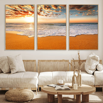 15399-MGV-CV-36X24-Golden Sunrise Beach Wall Art – Ocean Waves on Sandy Shore Canvas Print, Coastal Seascape Decor for Living Room or Bedroom