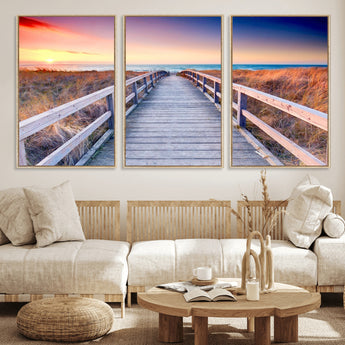60625-MGV-CV-36X24-Beach Boardwalk Sunrise Wall Art – Coastal Pathway to Ocean Canvas Print, Seaside Landscape Decor for Home or Office