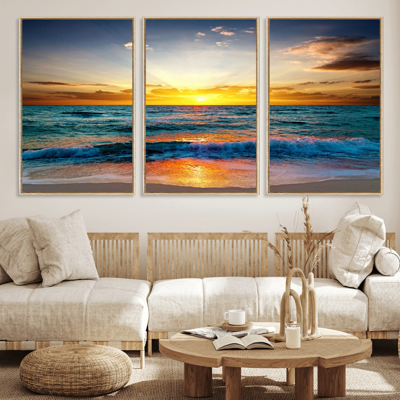 50627-MGV-CV-36X24-Ocean Sunset Wall Art – Serene Beach Canvas Print with Waves and Golden Sky, Coastal Decor for Living Room or Office