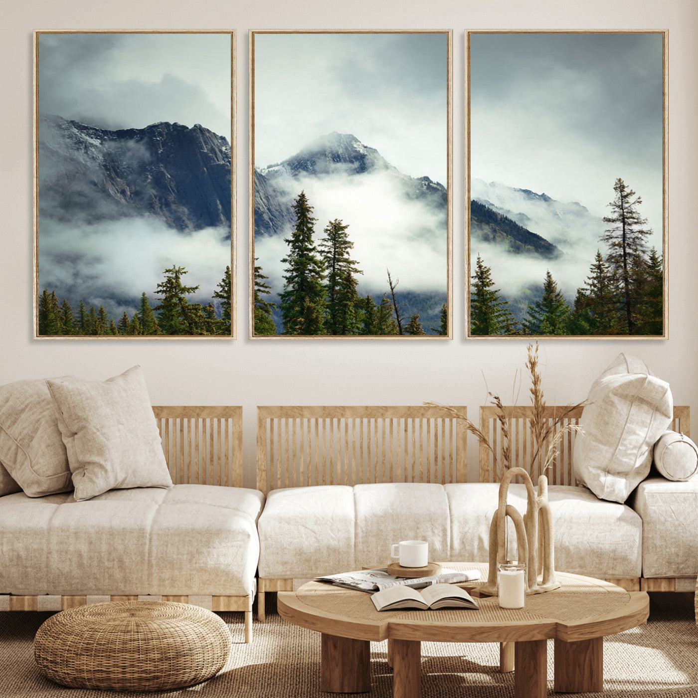 93219-MGV-FC-60X30-3P_Natural-Misty Mountain Wall Art – Foggy Pines and Rocky Peaks Canvas Print, Nature Landscape Decor for Living Room, Office or Bedroom