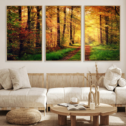 73494-MGV-CV-36X24-Golden Autumn Forest Path Wall Art – Sunlit Woodland Canvas Print, Fall Nature Landscape Home Decoration