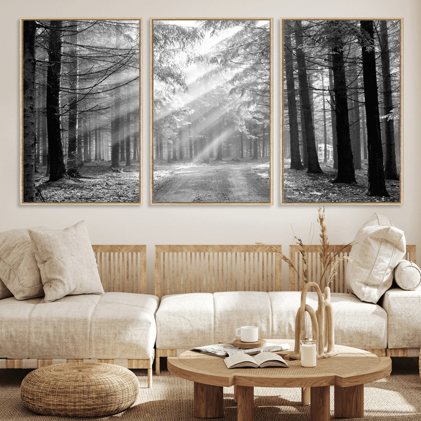 39665-MGV-CV-36X24-Black and White Forest Path Wall Art – Sunlight Rays in Trees Canvas Print, Nature Landscape Decor for Living Room