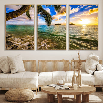 68606-MGV-CV-36X24-Tropical Palm Tree Ocean Wall Art – Sunset Beach Seascape Print, Coastal Paradise Decor for Living Room or Office
