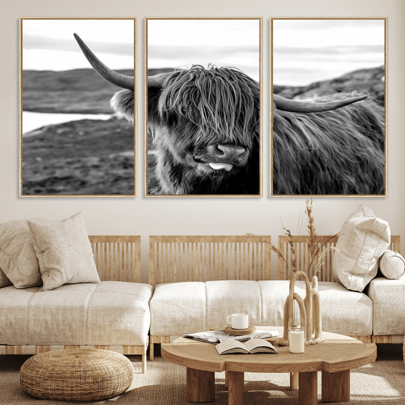 83810-MGV-FC-60X30-3P_Natural-Highland Cow Wall Art – Black and White Highland Cattle Print, Rustic Farmhouse Animal Decor for Living Room or Office