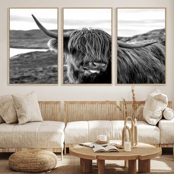 83810-MGV-FC-60X30-3P_Natural-Highland Cow Wall Art – Black and White Highland Cattle Print, Rustic Farmhouse Animal Decor for Living Room or Office