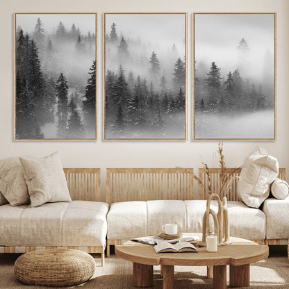 57235-MGV-CV-36X24-Misty Pine Forest Wall Art – Black and White Mountain Landscape Canvas Print, Nature Woodland Decor for Living Room, Bedroom or