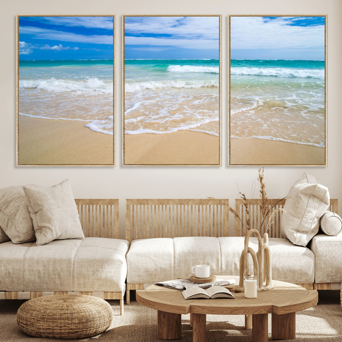 20660-MGV-CV-36X24-Ocean Wave Beach Wall Art – Serene Blue Sea and Sandy Shore Canvas Print, Coastal Landscape Photography Decor for Living Room or