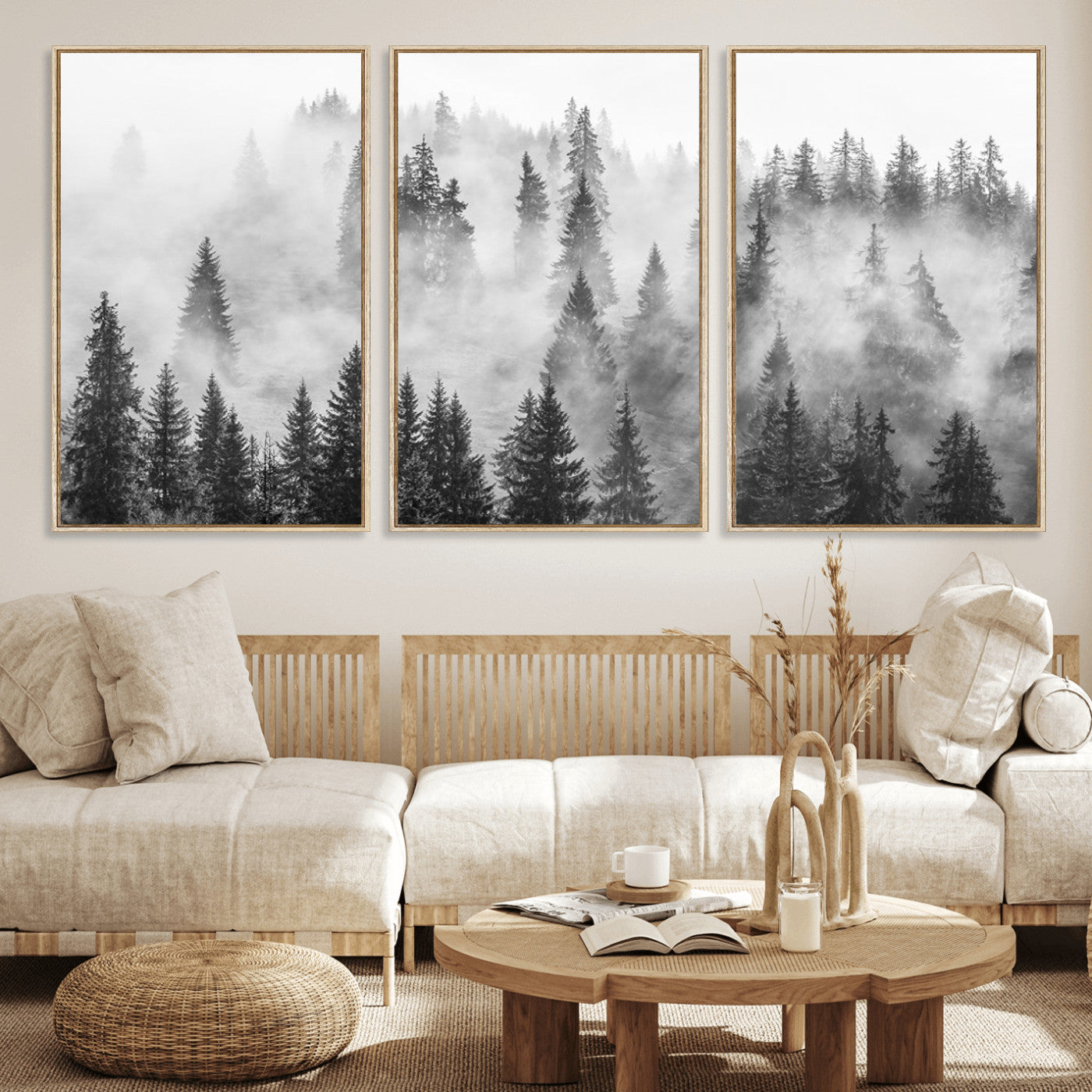 10422-MGV-CV-36X24-Misty Pine Forest Wall Art – Black and White Foggy Landscape Canvas Print, Serene Nature Woodland Decor for Bedroom, Office or