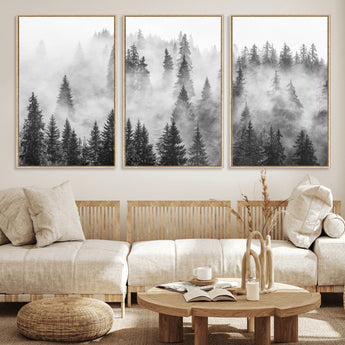 10422-MGV-CV-36X24-Misty Pine Forest Wall Art – Black and White Foggy Landscape Canvas Print, Serene Nature Woodland Decor for Bedroom, Office or