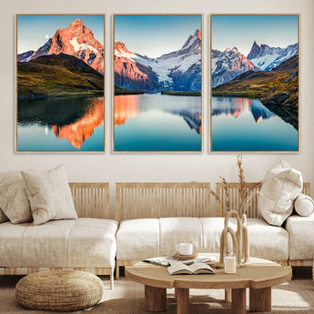 88453-MGV-FC-60X30-3P_Natural-Mountain Lake Wall Art – Snow-Capped Peaks Reflected in Alpine Water Canvas Print, Nature Landscape Wall Decor for Living Room or
