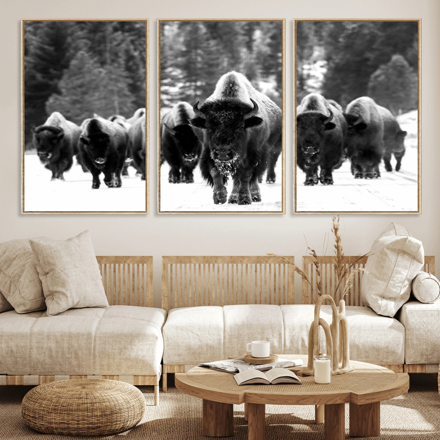 62434-MGV-CV-36X24-Bison Herd Wall Art – Majestic Black and White Buffalo Canvas Print, Wildlife Nature Photography Decor for Living Room, Office or