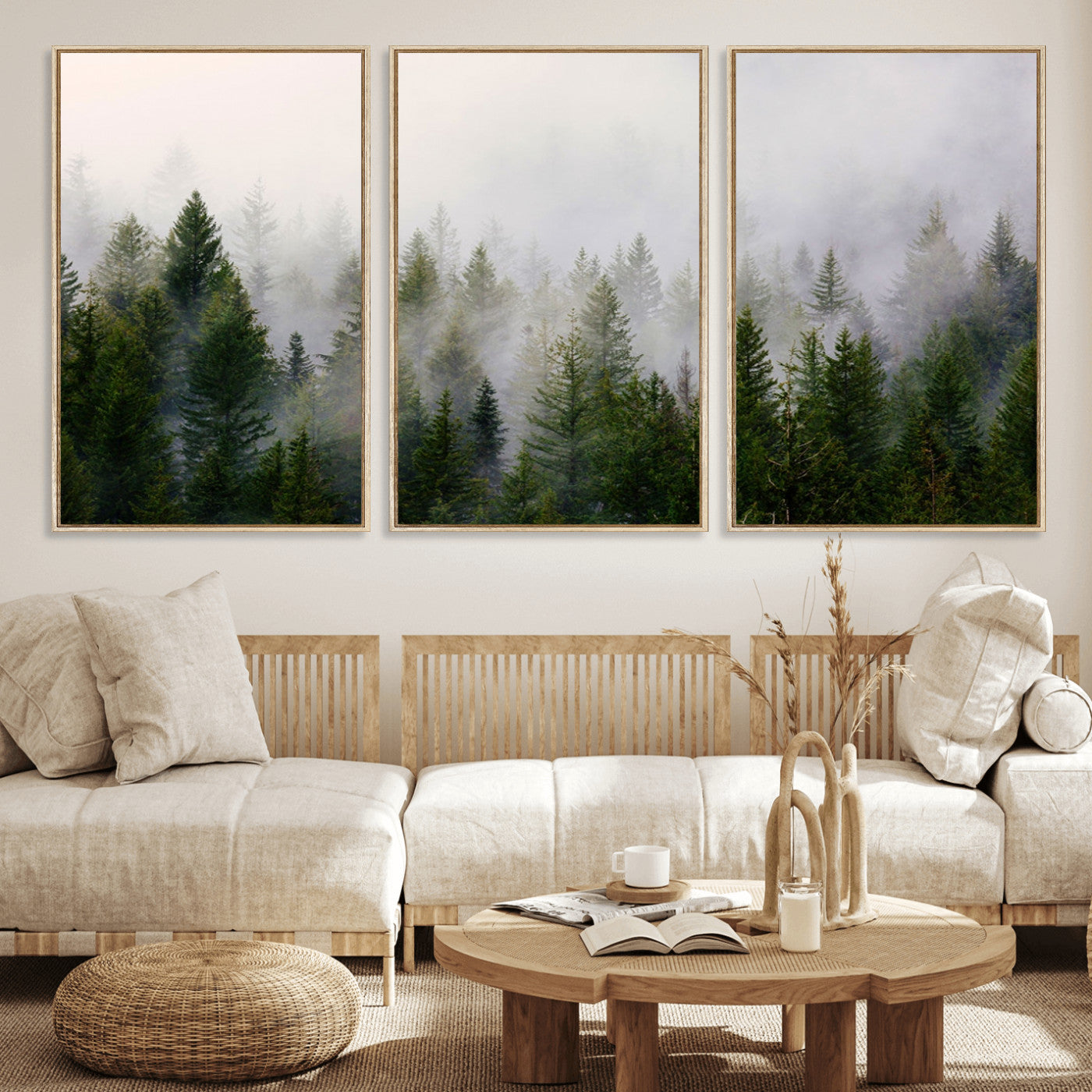 11436-MGV-CV-36X24-Misty Forest Wall Art – Tranquil Evergreen Tree Canvas Print with Foggy Landscape, Nature Inspired Artwork for Bedroom, Living