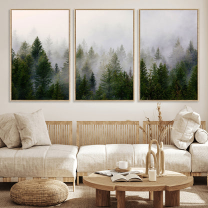 11436-MGV-CV-36X24-Misty Forest Wall Art – Tranquil Evergreen Tree Canvas Print with Foggy Landscape, Nature Inspired Artwork for Bedroom, Living