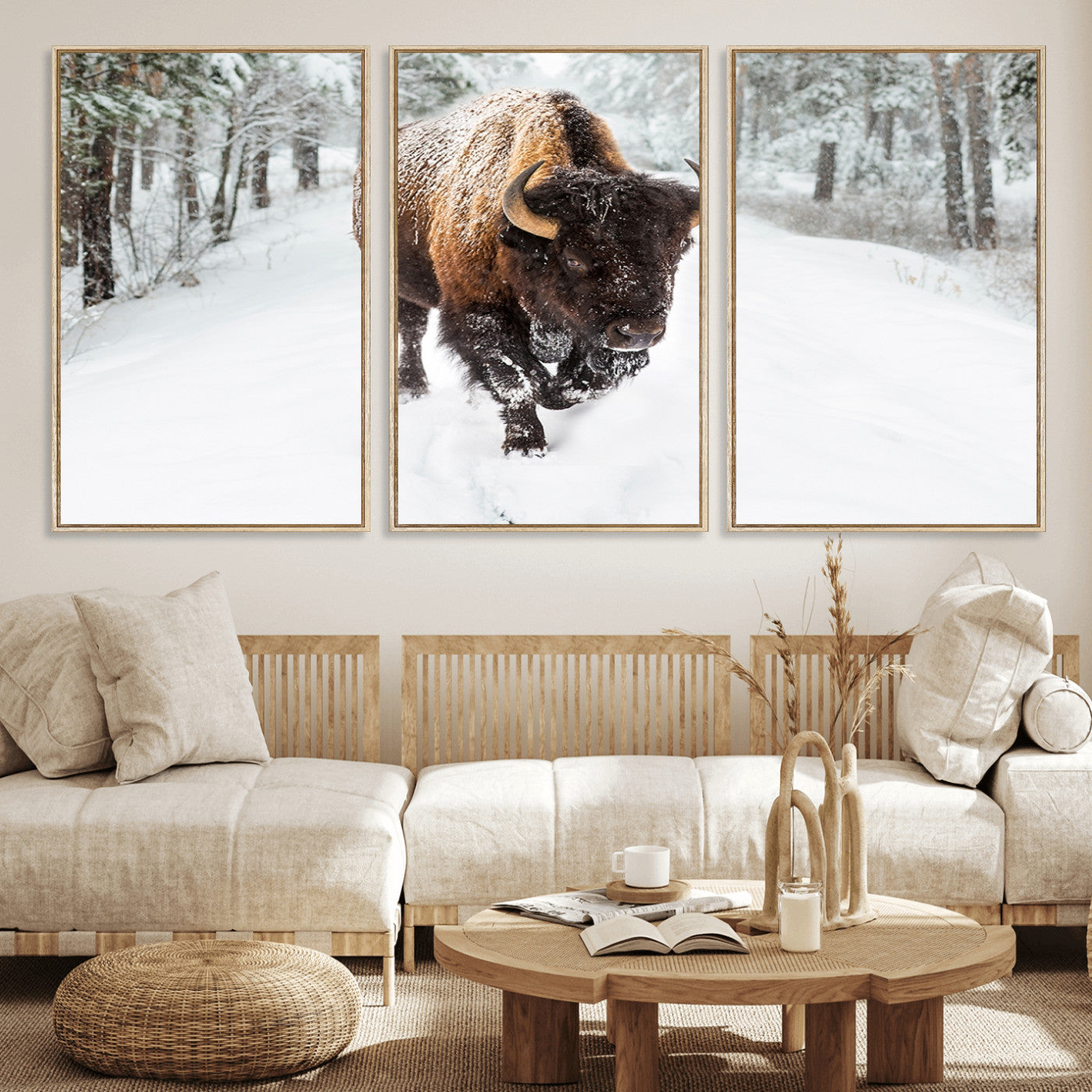 84699-MGV-FC-60X30-3P_Natural-Bison in Winter Wall Art – Majestic Buffalo Canvas Print with Snowy Forest Landscape, Rustic Wildlife Artwork for Cabin, Living