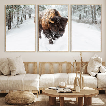 84699-MGV-FC-60X30-3P_Natural-Bison in Winter Wall Art – Majestic Buffalo Canvas Print with Snowy Forest Landscape, Rustic Wildlife Artwork for Cabin, Living