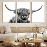 10123-MGV-CV-36X24-Black and White Highland Cow Wall Art – Modern Farmhouse Animal Print, Rustic Scottish Bull Canvas Decor for Living Room, Bedroom,