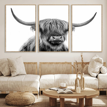 10123-MGV-CV-36X24-Black and White Highland Cow Wall Art – Modern Farmhouse Animal Print, Rustic Scottish Bull Canvas Decor for Living Room, Bedroom,