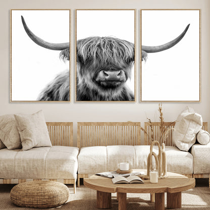 10123-MGV-CV-36X24-Black and White Highland Cow Wall Art – Modern Farmhouse Animal Print, Rustic Scottish Bull Canvas Decor for Living Room, Bedroom,