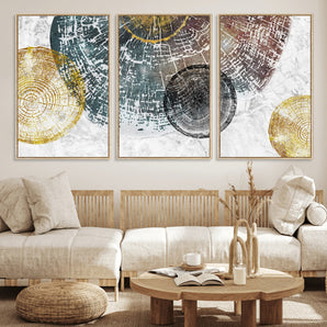 70653-MGV-CV-60X30-3P-Abstract Tree Ring Wall Art – Modern Rustic Wood Slice Canvas Print with Gold Accents, Contemporary Nature Decor for Living Room,