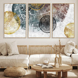 70653-MGV-CV-60X30-3P-Abstract Tree Ring Wall Art – Modern Rustic Wood Slice Canvas Print with Gold Accents, Contemporary Nature Decor for Living Room,