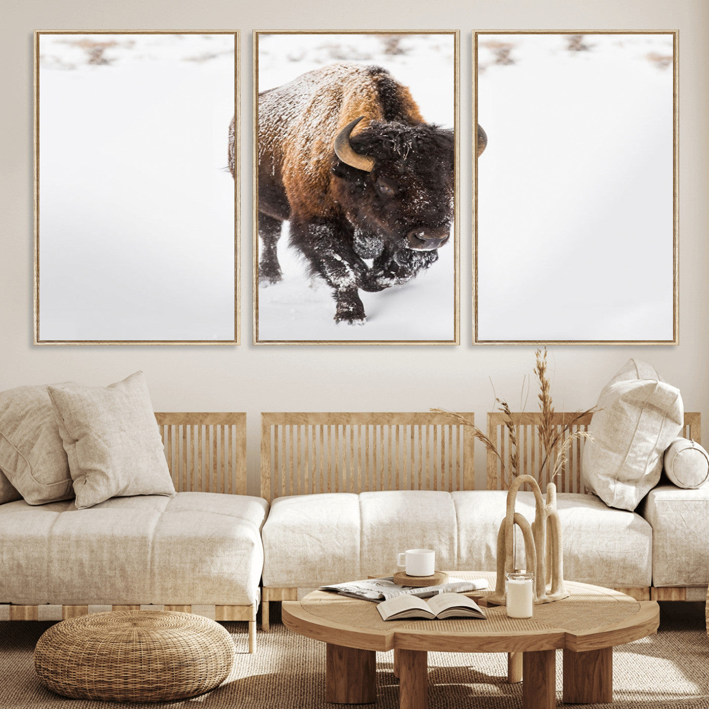 19889-MGV-CV-36X24-Snow Bison Wall Art – Majestic Buffalo Winter Landscape Canvas Print, Rustic Wildlife Photography Decor for Cabin, Lodge, Living
